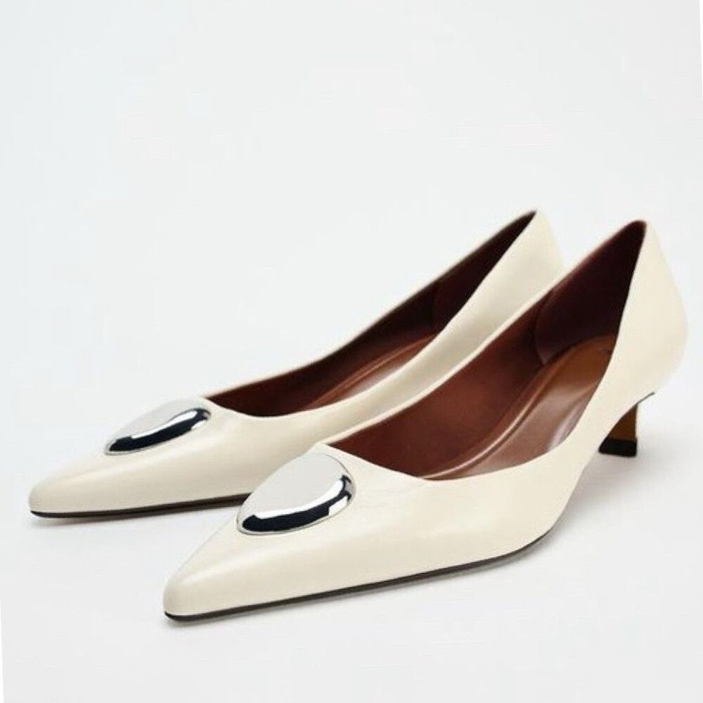 Zara Women's Metal Detail White Leather High Heel Shoes Pointed Toe Size US 8